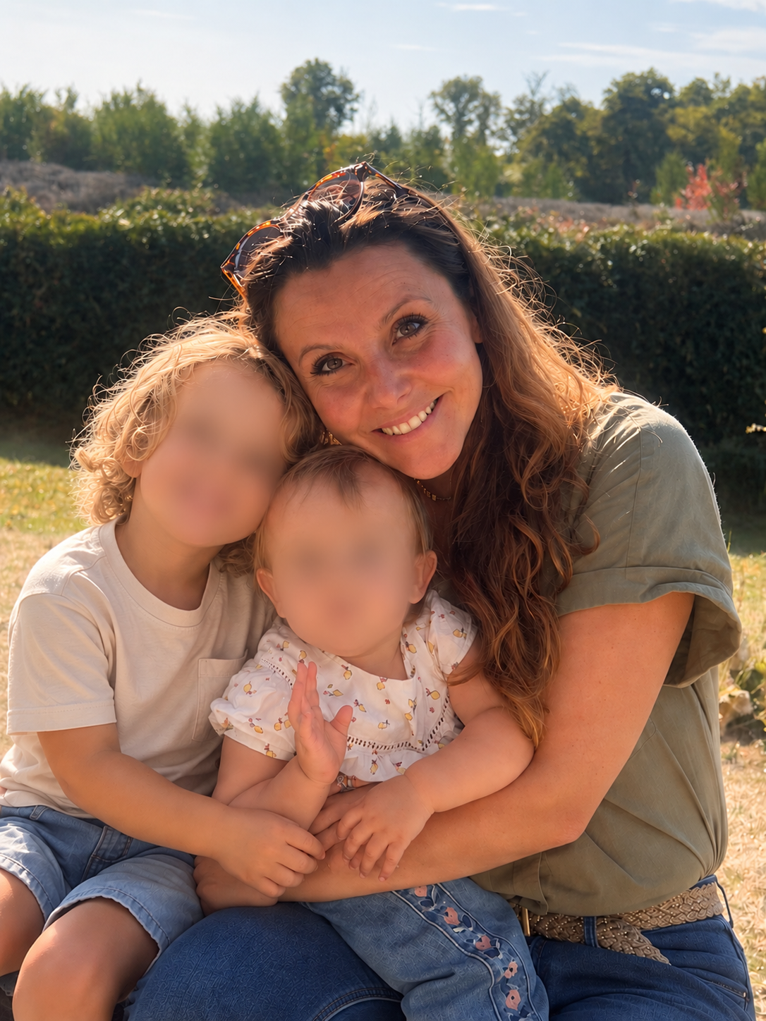 Moi entourée de mes deux enfants dans un moment familial en extérieur